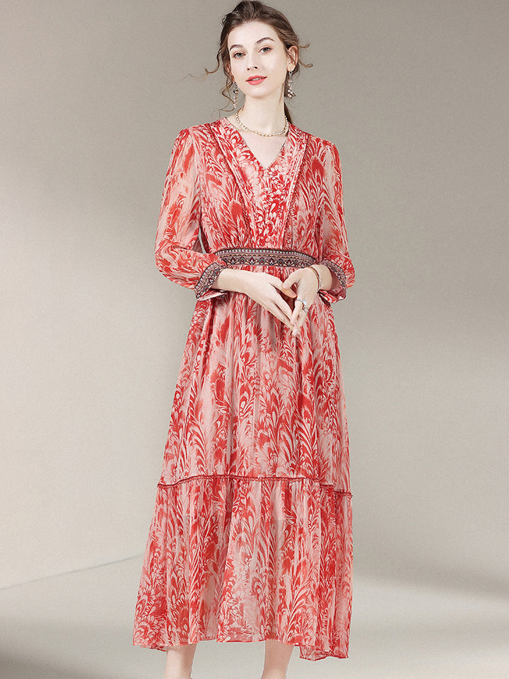 French Vintage Red Floral Print V-Neck Silk Dress SD019