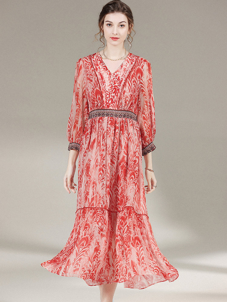 French Vintage Red Floral Print V-Neck Silk Dress SD019