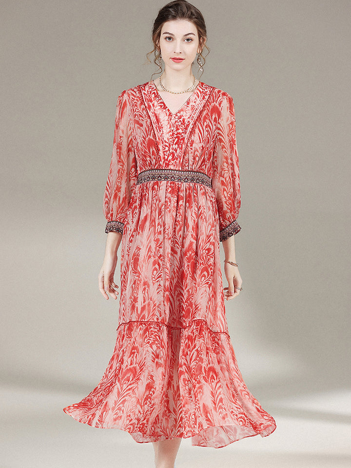 French Vintage Red Floral Print V-Neck Silk Dress SD019