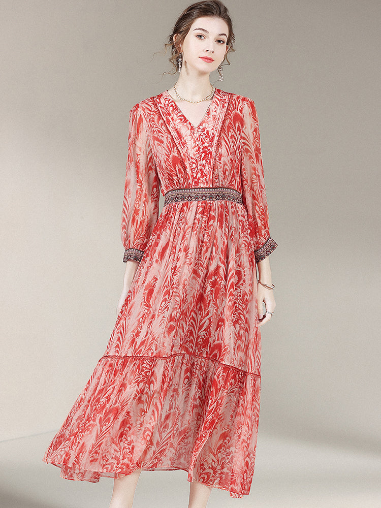 French Vintage Red Floral Print V-Neck Silk Dress SD019
