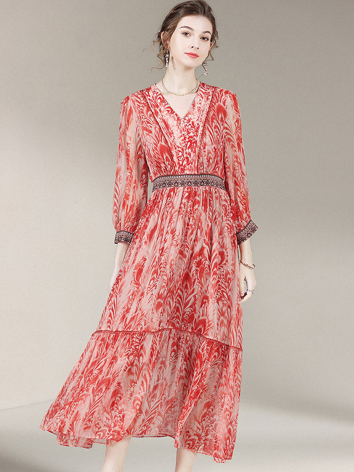 French Vintage Red Floral Print V-Neck Silk Dress SD019