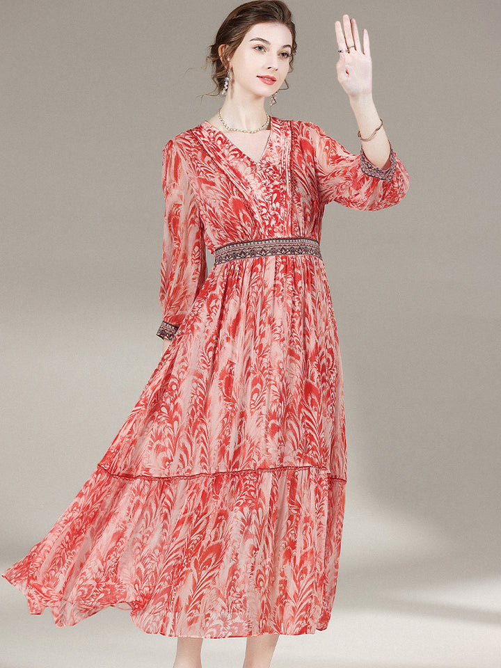 French Vintage Red Floral Print V-Neck Silk Dress SD019
