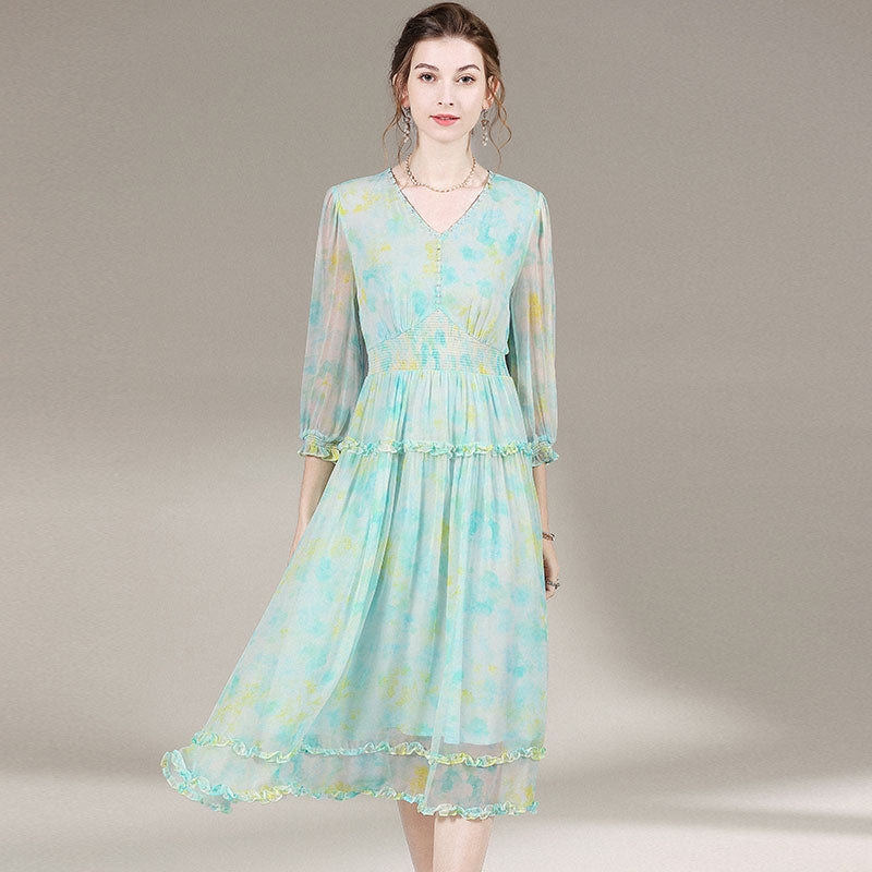 Womens Retro Temperament Long Floral Printed Silk Dress SD020