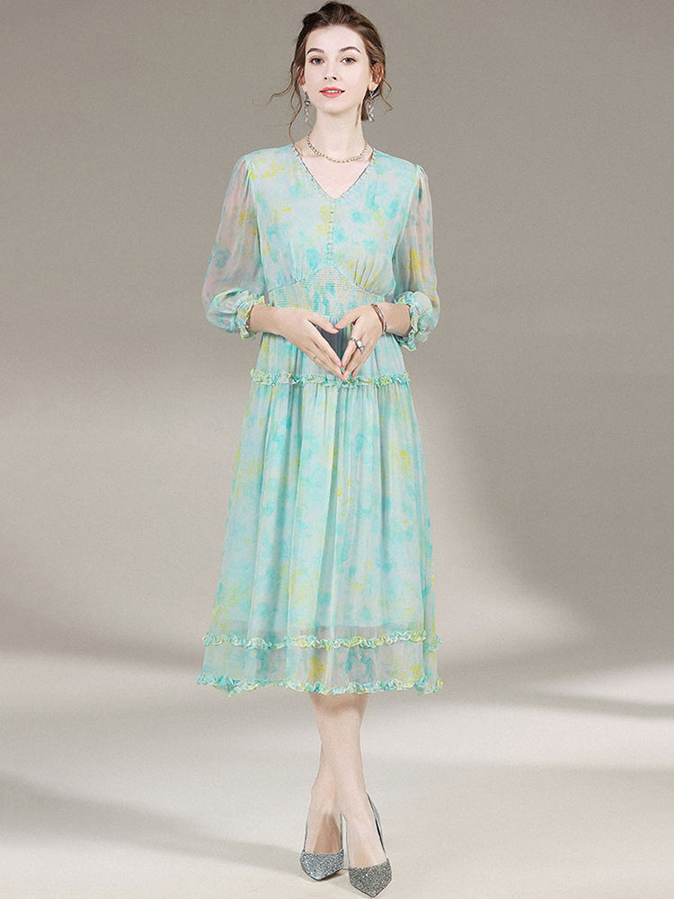 Womens Retro Temperament Long Floral Printed Silk Dress SD020