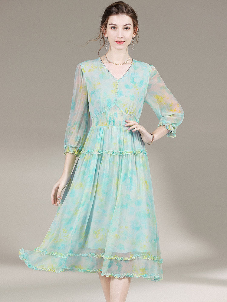 Womens Retro Temperament Long Floral Printed Silk Dress SD020