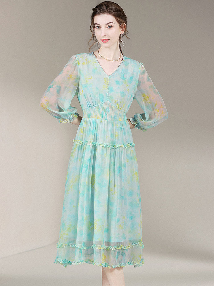 Womens Retro Temperament Long Floral Printed Silk Dress SD020