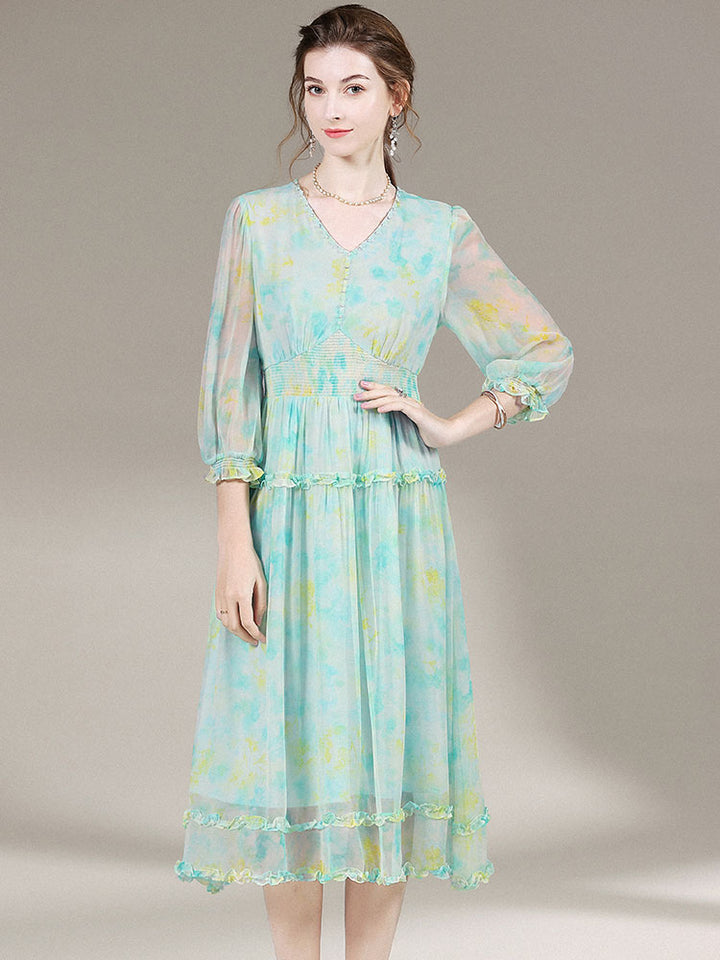 Womens Retro Temperament Long Floral Printed Silk Dress SD020