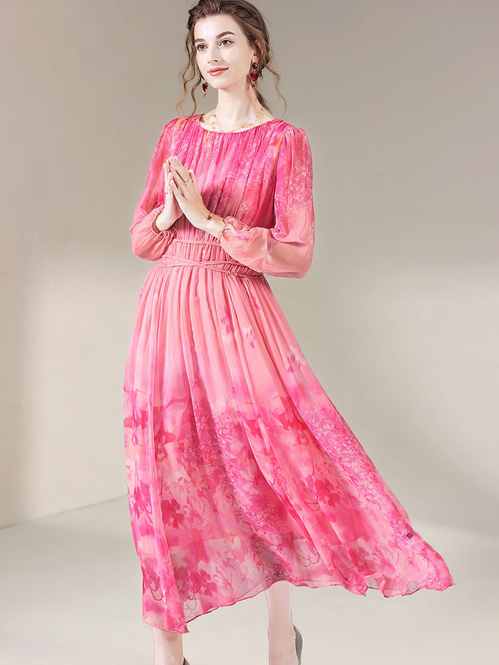 Womens French Elegant Long Floral Printed Silk Dress SD021