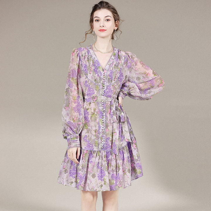 Womens Elegant Floral Print Long-Sleeved Silk Dress SD022