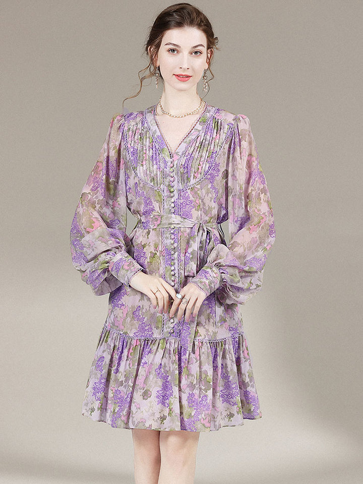 Womens Elegant Floral Print Long-Sleeved Silk Dress SD022