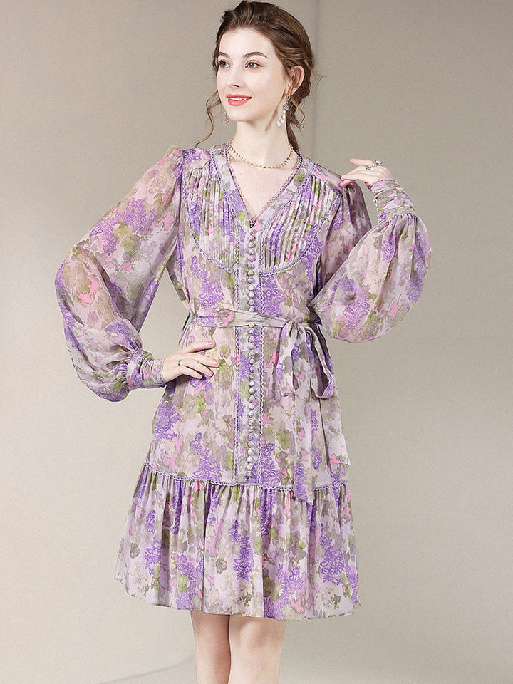 Womens Elegant Floral Print Long-Sleeved Silk Dress SD022