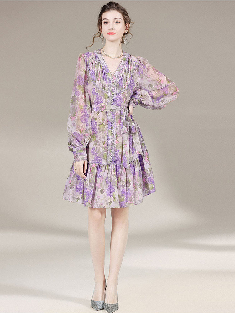 Womens Elegant Floral Print Long-Sleeved Silk Dress SD022