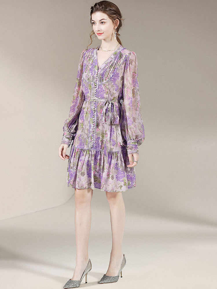 Womens Elegant Floral Print Long-Sleeved Silk Dress SD022