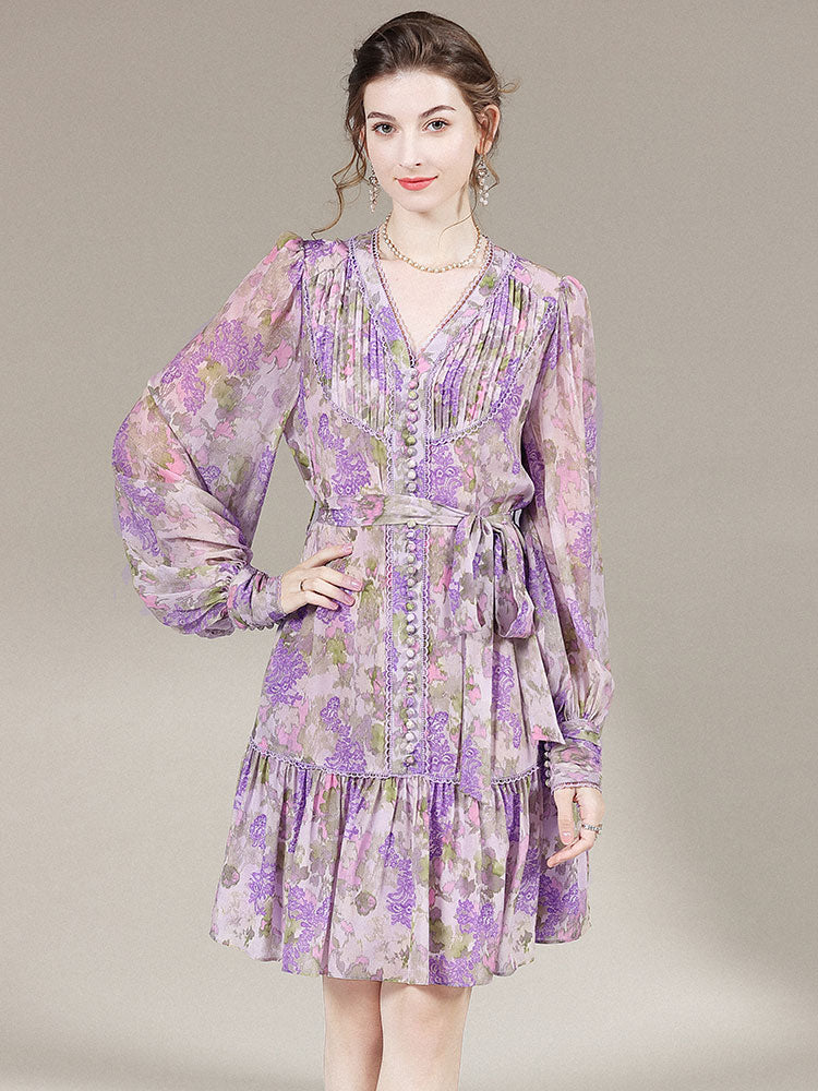 Womens Elegant Floral Print Long-Sleeved Silk Dress SD022