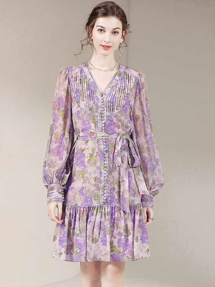 Womens Elegant Floral Print Long-Sleeved Silk Dress SD022