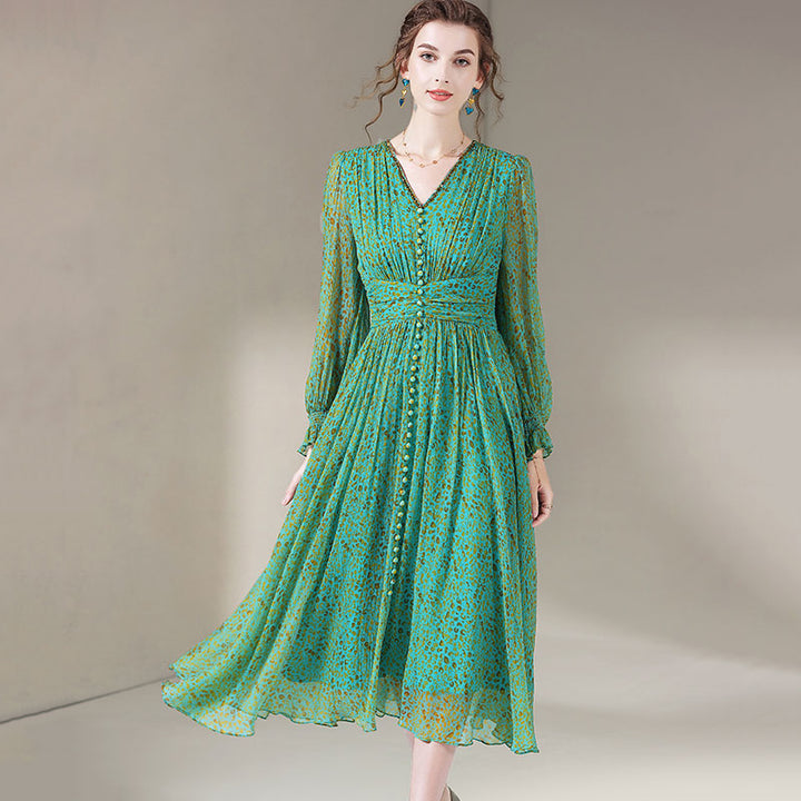 Long Green Leopard Print Floral Printed Silk Dress SD023