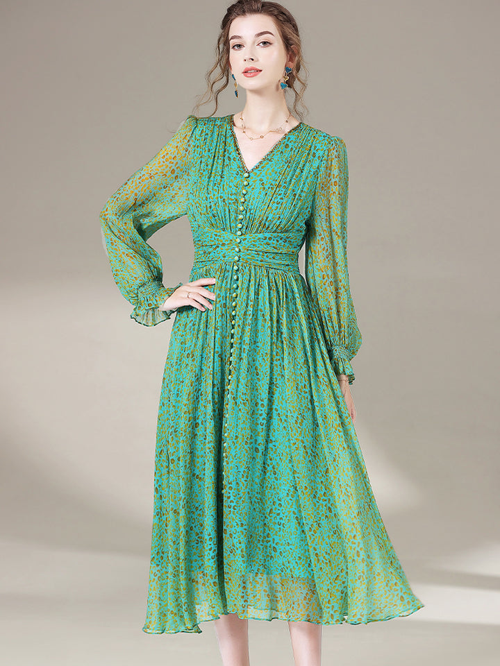 Long Green Leopard Print Floral Printed Silk Dress SD023