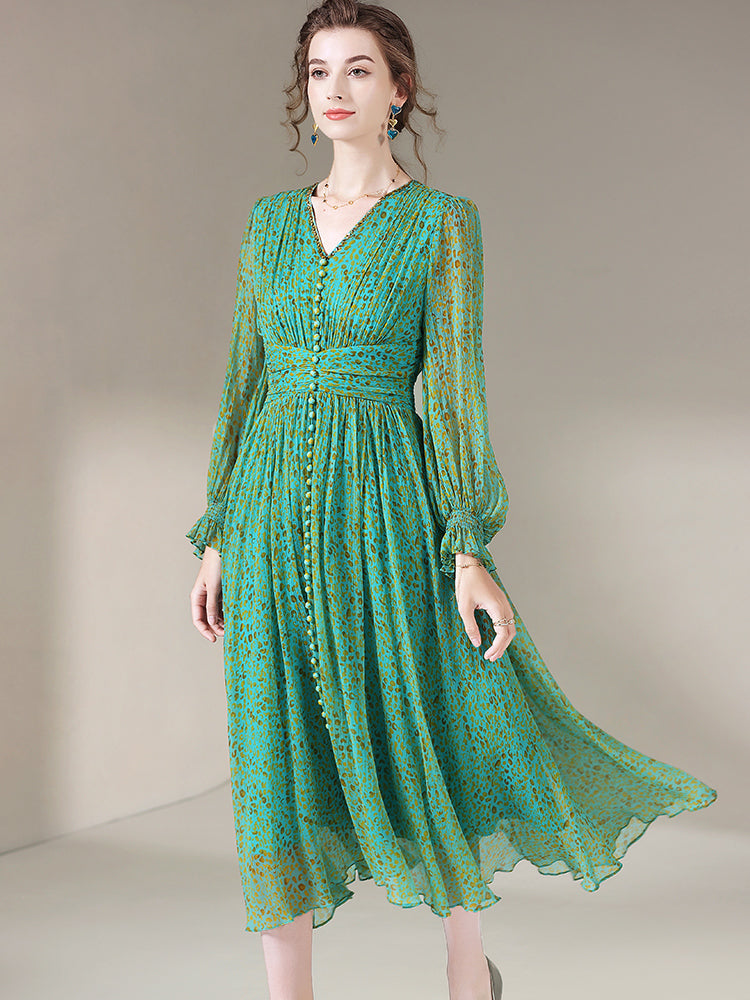 Long Green Leopard Print Floral Printed Silk Dress SD023