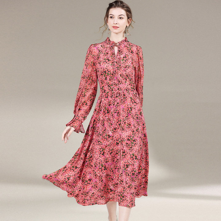 Womens Vintage Flare Sleeve Floral Printed Silk Dress SD024
