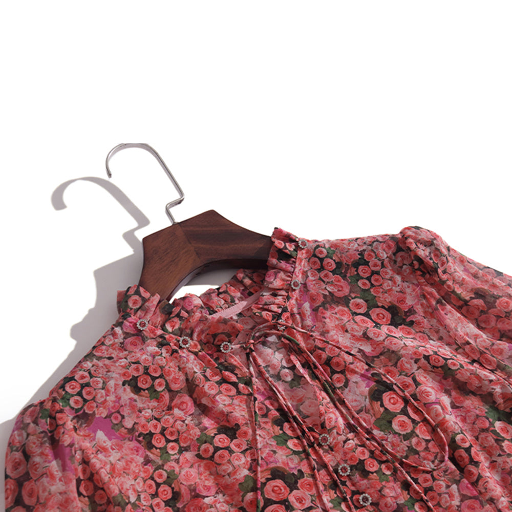 Womens Vintage Flare Sleeve Floral Printed Silk Dress SD024