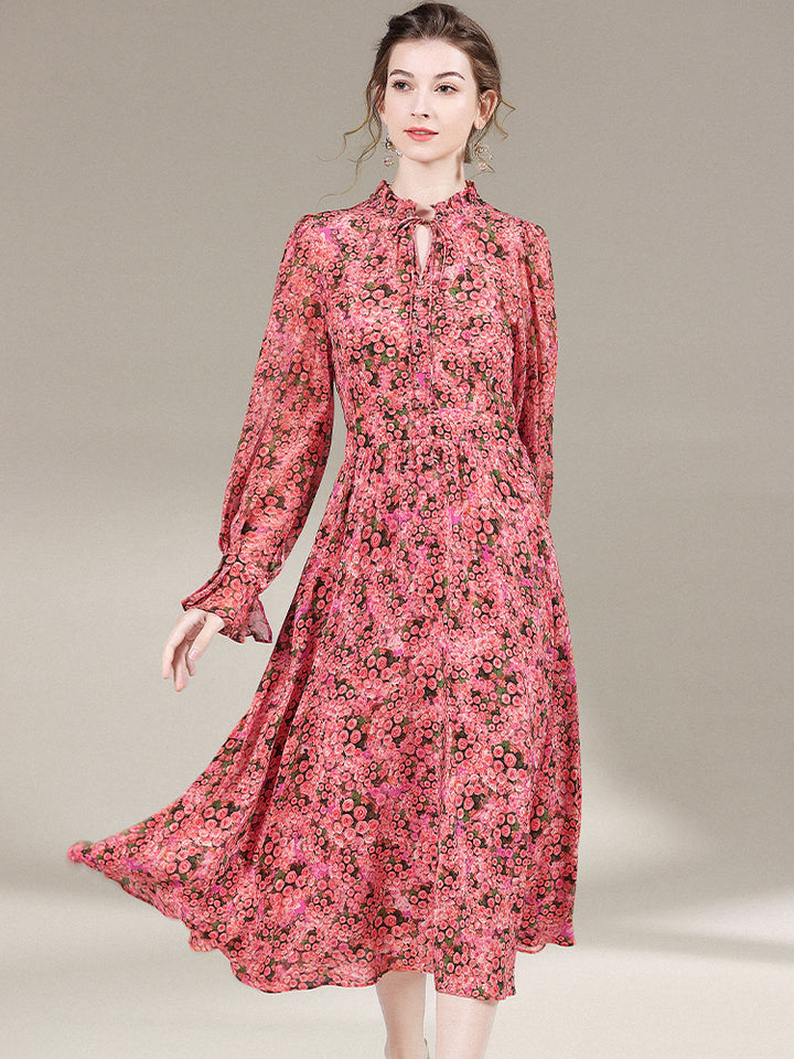 Womens Vintage Flare Sleeve Floral Printed Silk Dress SD024
