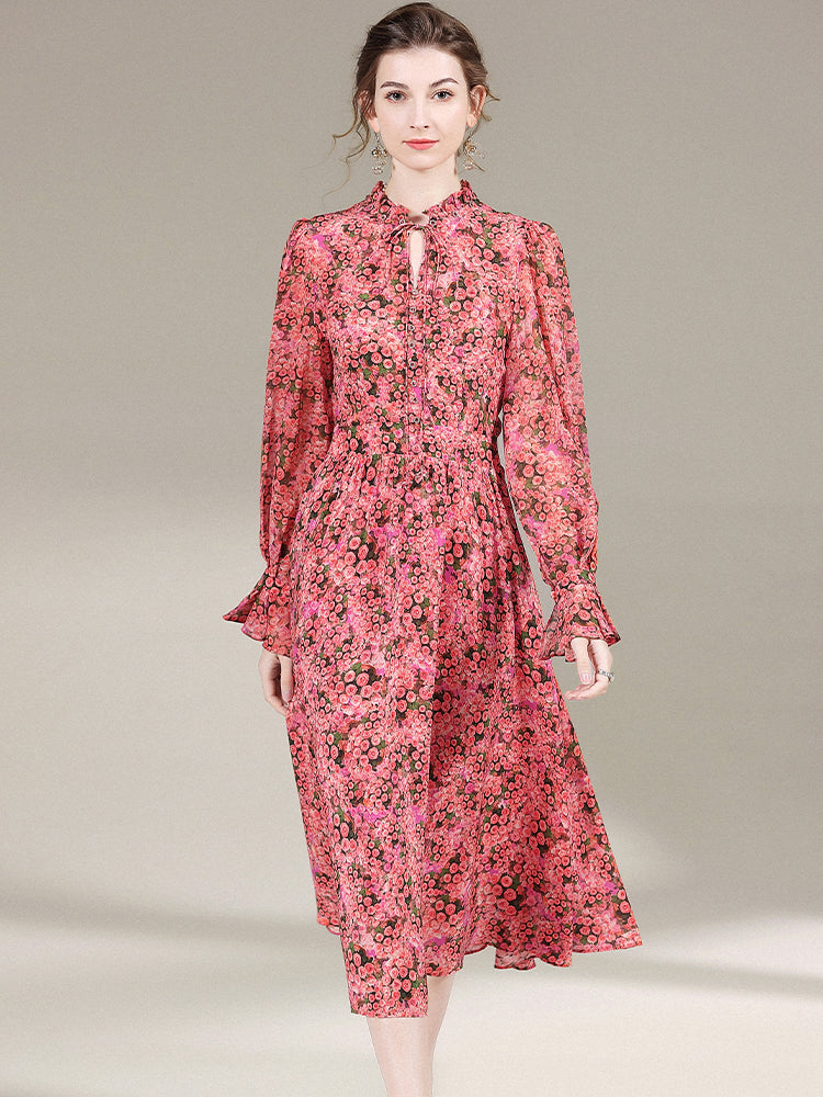 Womens Vintage Flare Sleeve Floral Printed Silk Dress SD024