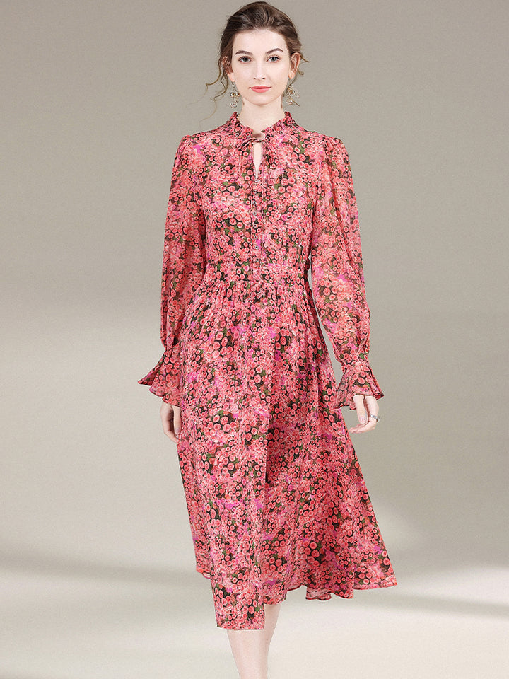Womens Vintage Flare Sleeve Floral Printed Silk Dress SD024