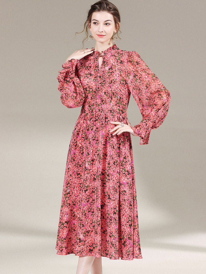 Womens Vintage Flare Sleeve Floral Printed Silk Dress SD024