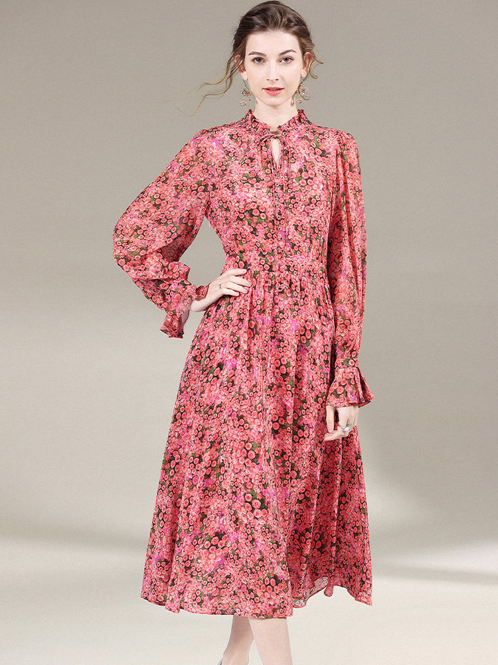 Womens Vintage Flare Sleeve Floral Printed Silk Dress SD024