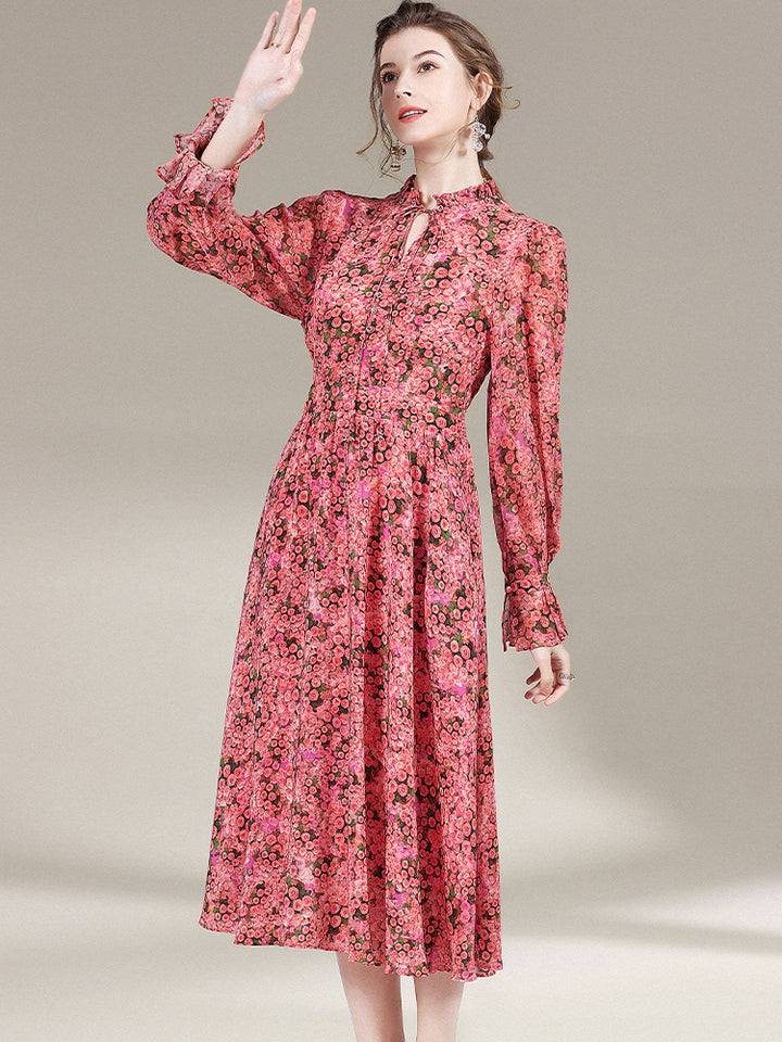 Womens Vintage Flare Sleeve Floral Printed Silk Dress SD024