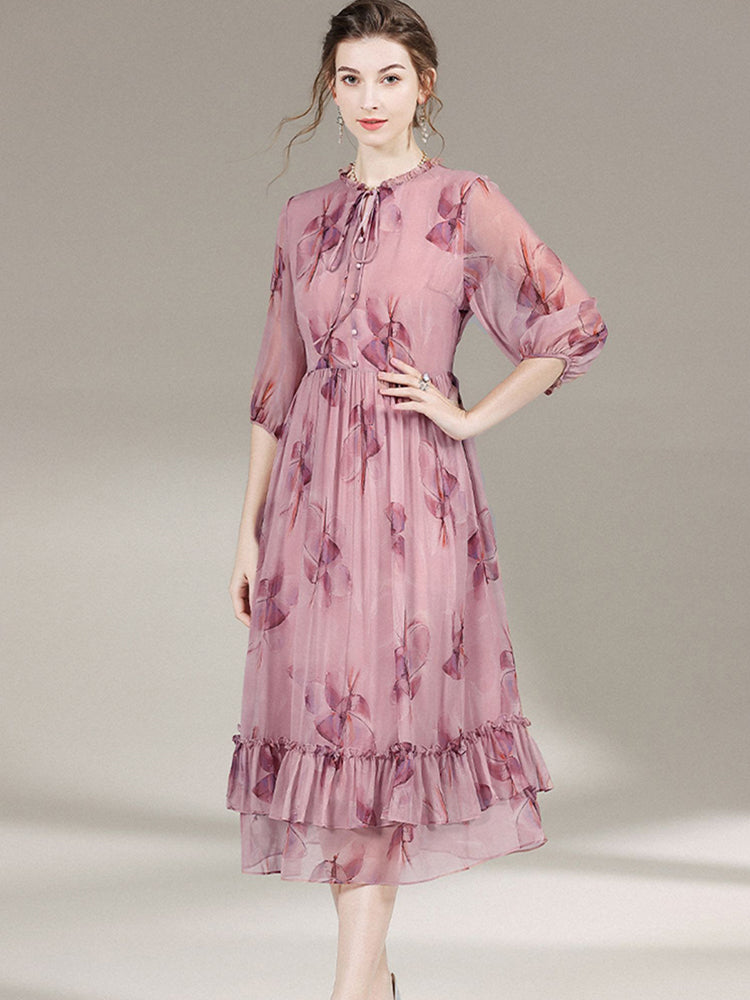 Womens Elegant Agaric Pleated Collar Floral Printed Silk Dress SD025