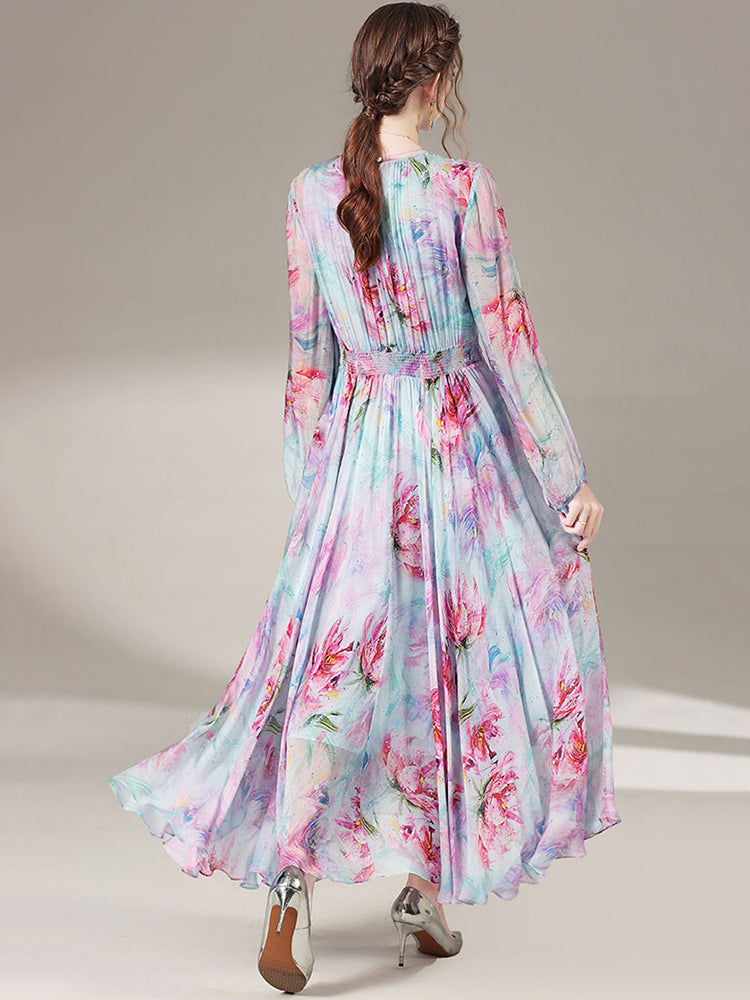 Womens Gentle Flower Print Long Silk Dress SD026