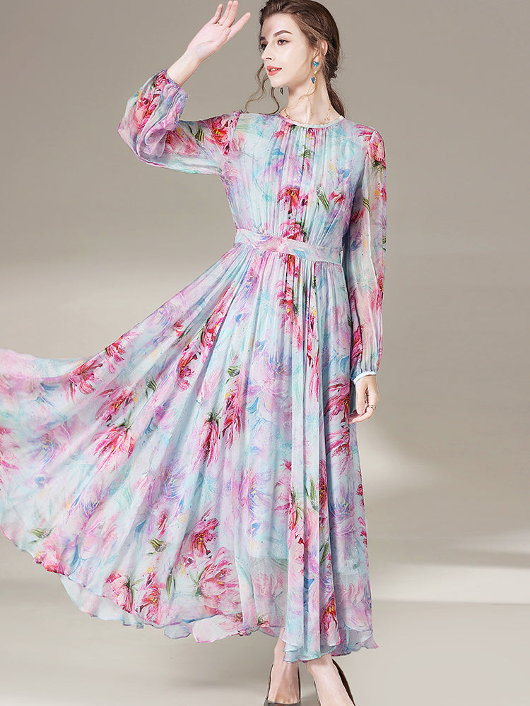 Womens Gentle Flower Print Long Silk Dress SD026