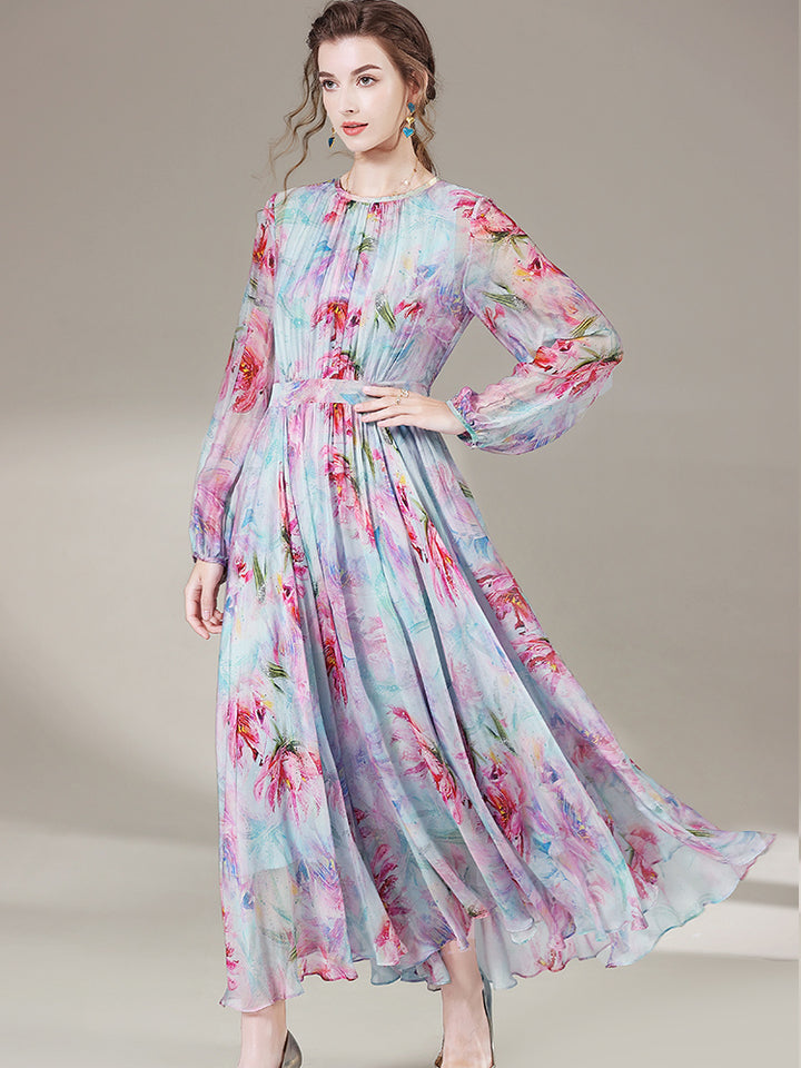 Womens Gentle Flower Print Long Silk Dress SD026