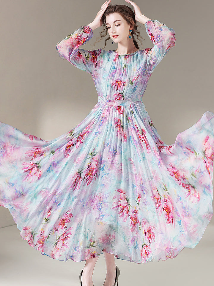 Womens Gentle Flower Print Long Silk Dress SD026