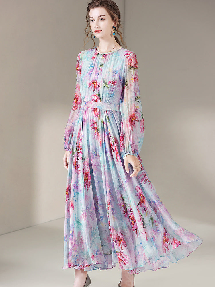 Womens Gentle Flower Print Long Silk Dress SD026