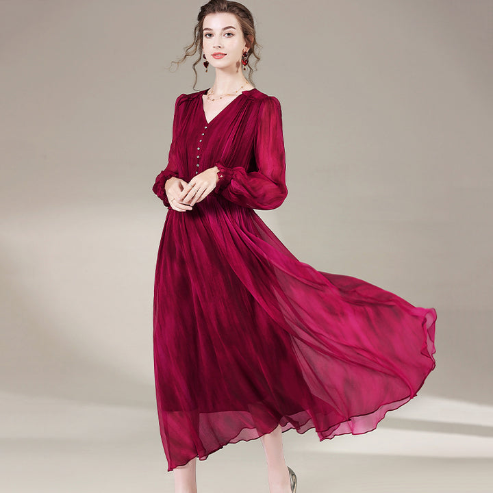 Womens Wine Red Temperament V-neck Long Silk Dress SD027