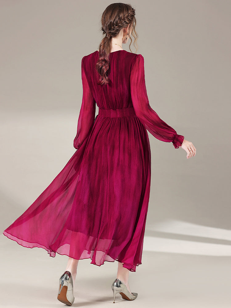 Womens Wine Red Temperament V-neck Long Silk Dress SD027