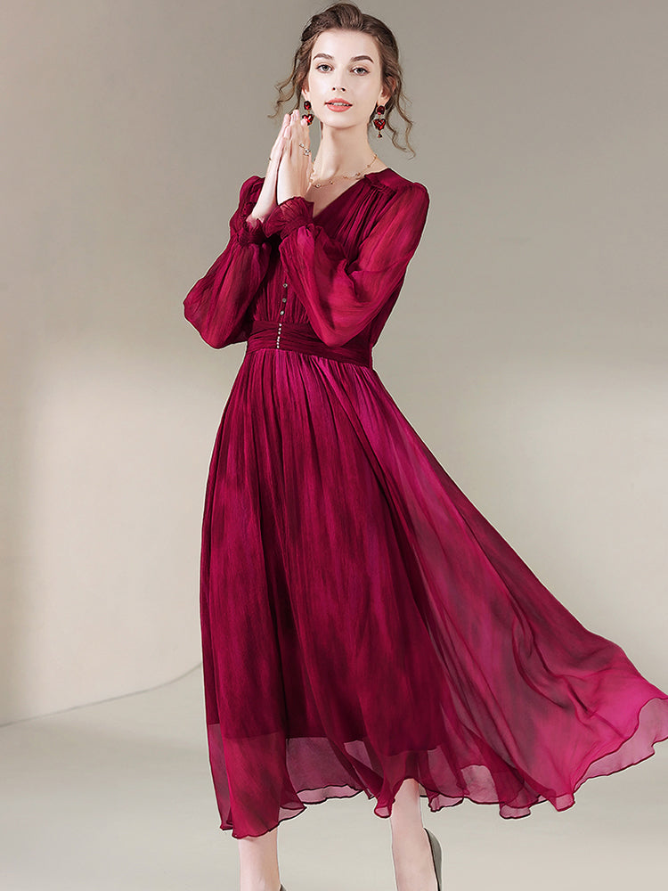 Womens Wine Red Temperament V-neck Long Silk Dress SD027