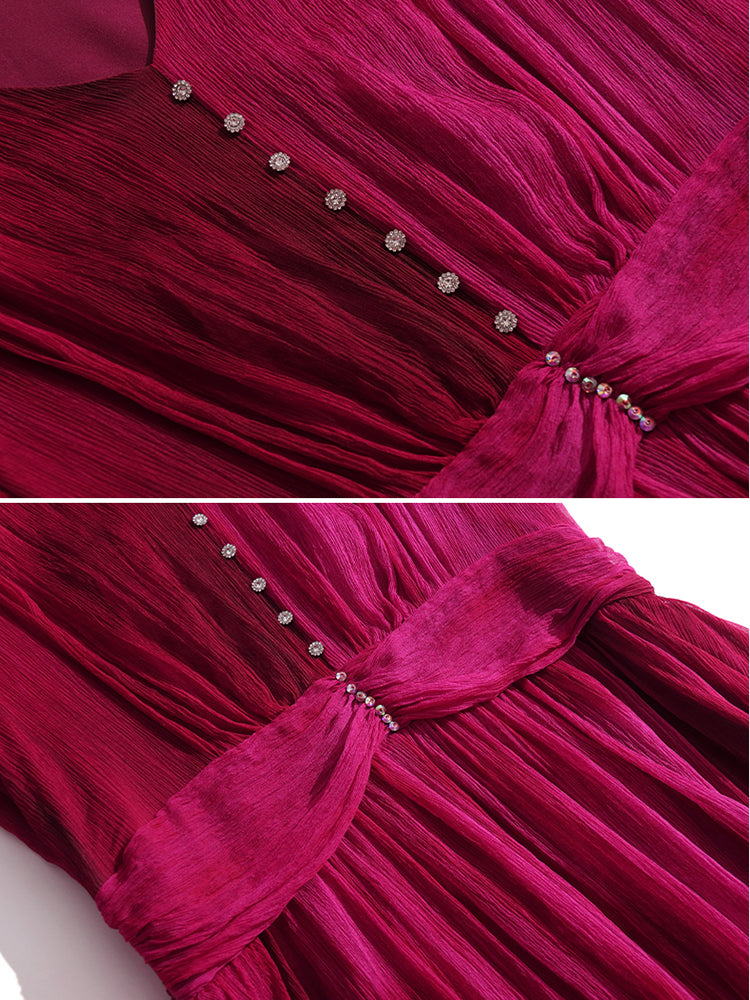 Womens Wine Red Temperament V-neck Long Silk Dress SD027