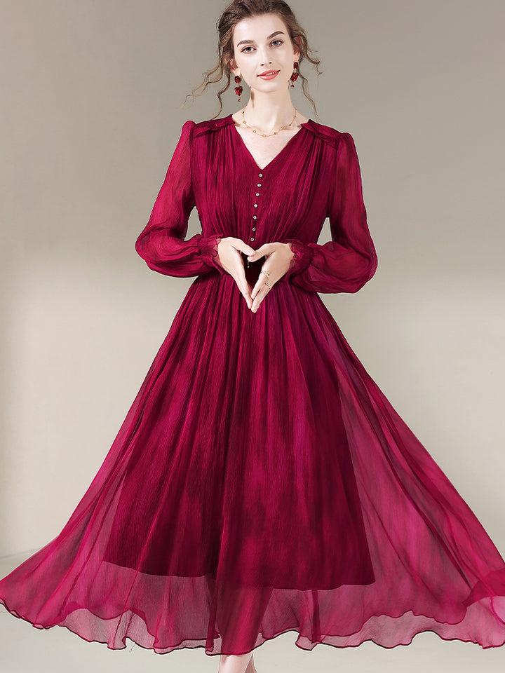 Womens Wine Red Temperament V-neck Long Silk Dress SD027