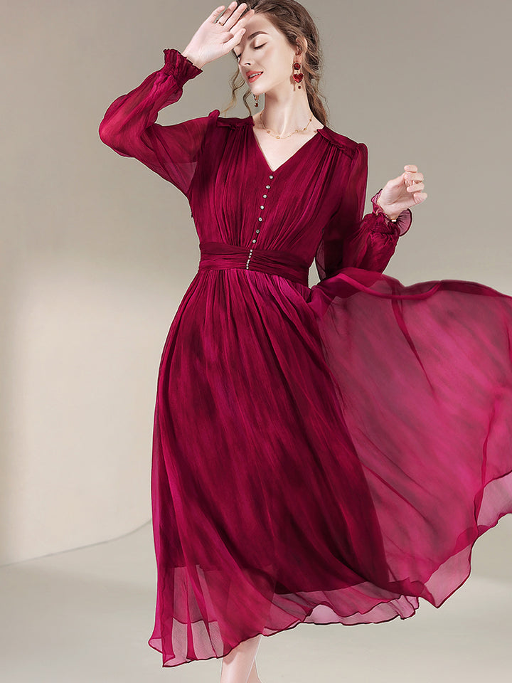 Womens Wine Red Temperament V-neck Long Silk Dress SD027