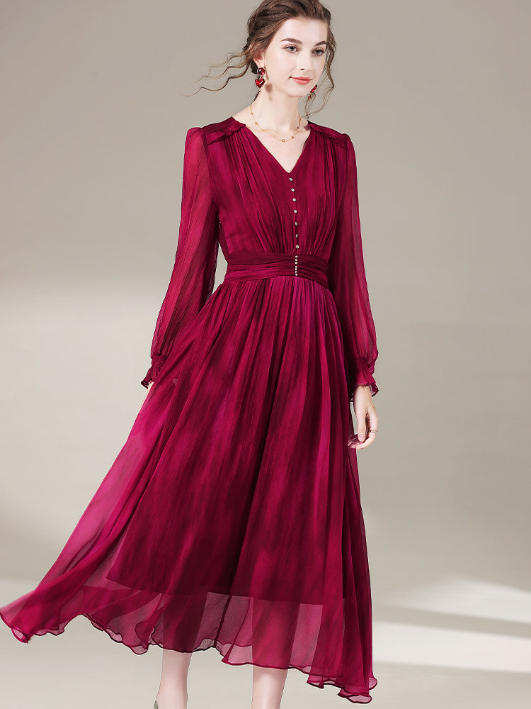 Womens Wine Red Temperament V-neck Long Silk Dress SD027