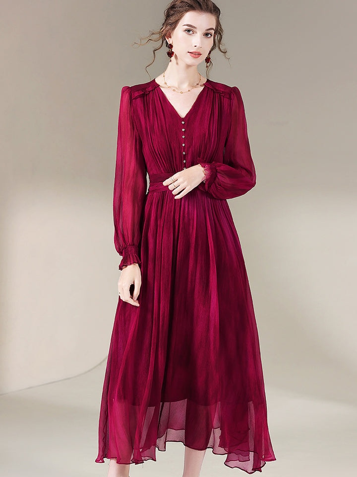 Womens Wine Red Temperament V-neck Long Silk Dress SD027