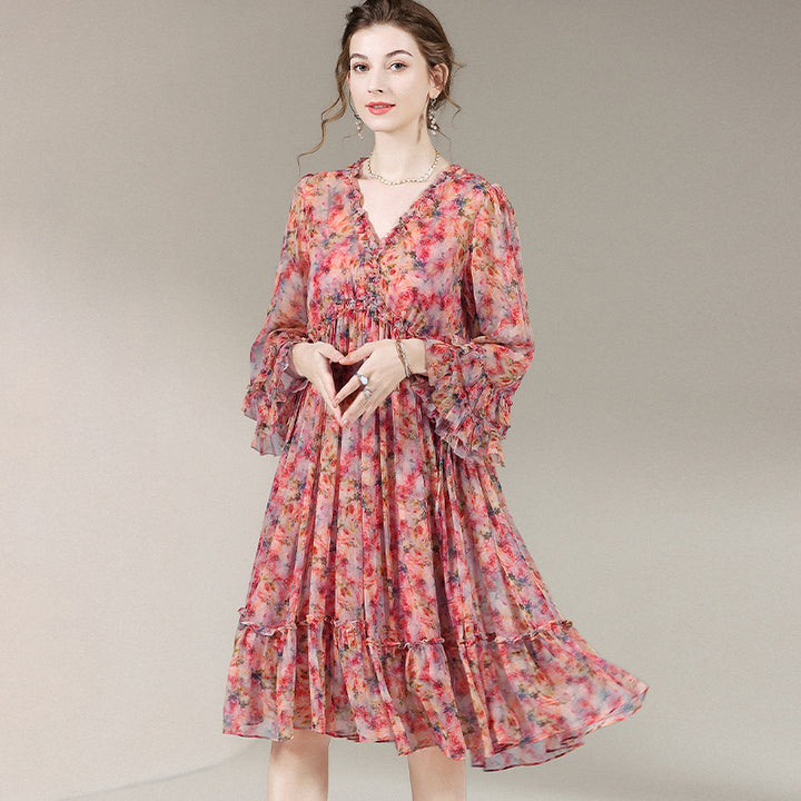 Womens Retro Chic Floral Print Flare Sleeve Silk Dress SD028