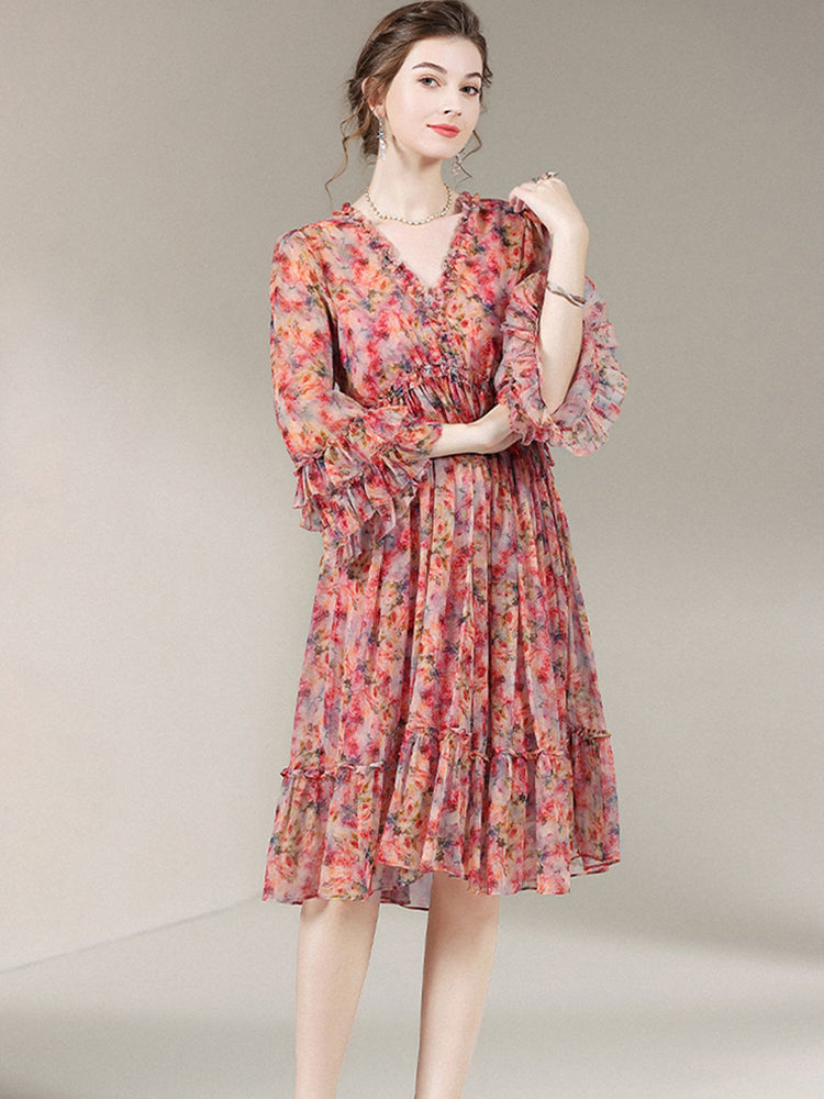 Womens Retro Chic Floral Print Flare Sleeve Silk Dress SD028