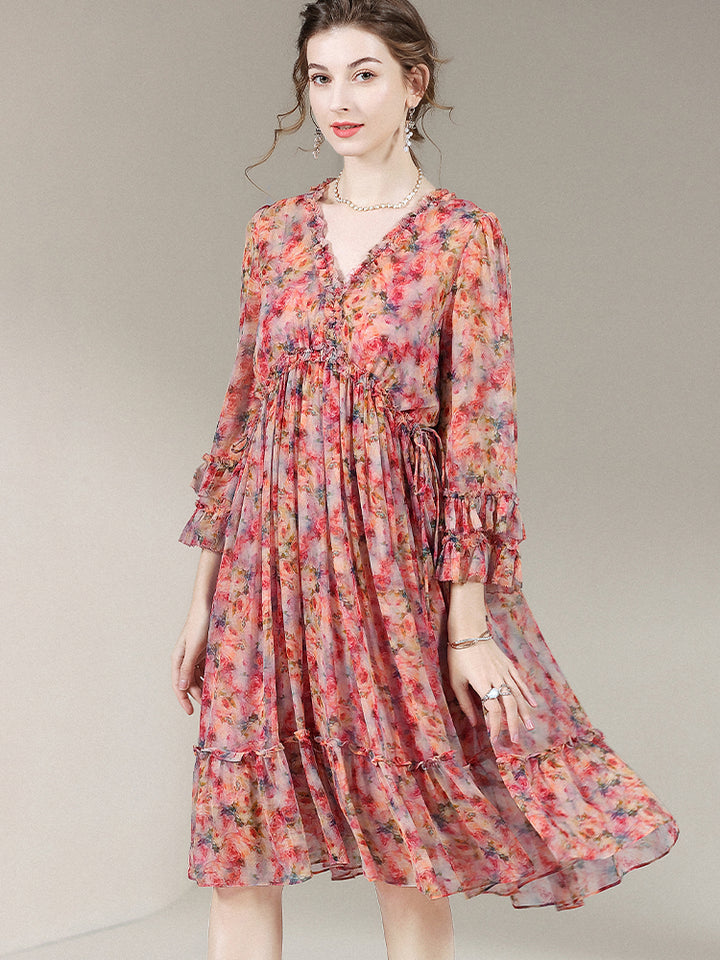 Womens Retro Chic Floral Print Flare Sleeve Silk Dress SD028