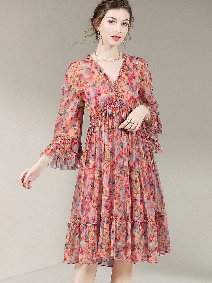 Womens Retro Chic Floral Print Flare Sleeve Silk Dress SD028