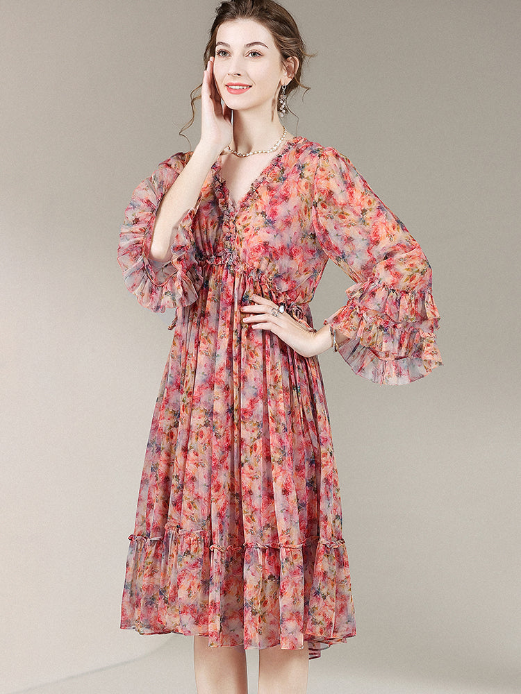 Womens Retro Chic Floral Print Flare Sleeve Silk Dress SD028