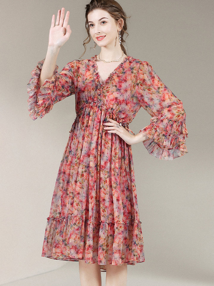 Womens Retro Chic Floral Print Flare Sleeve Silk Dress SD028